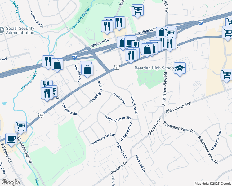 map of restaurants, bars, coffee shops, grocery stores, and more near 216 Geneva Road in Knoxville