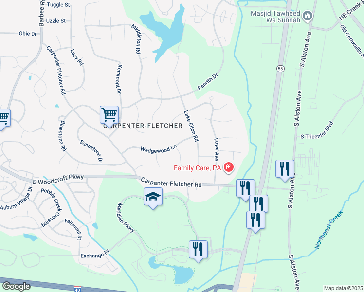 map of restaurants, bars, coffee shops, grocery stores, and more near 1202 Wedgewood Lane in Durham