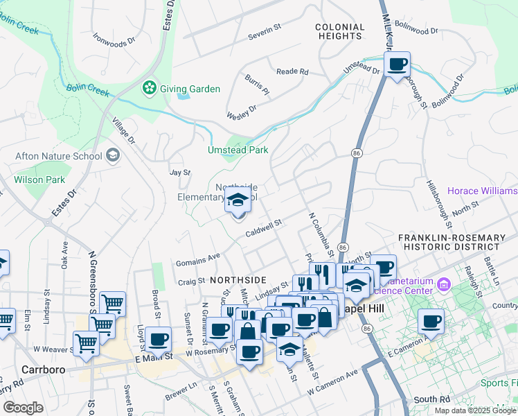 map of restaurants, bars, coffee shops, grocery stores, and more near 711 Church Street in Chapel Hill