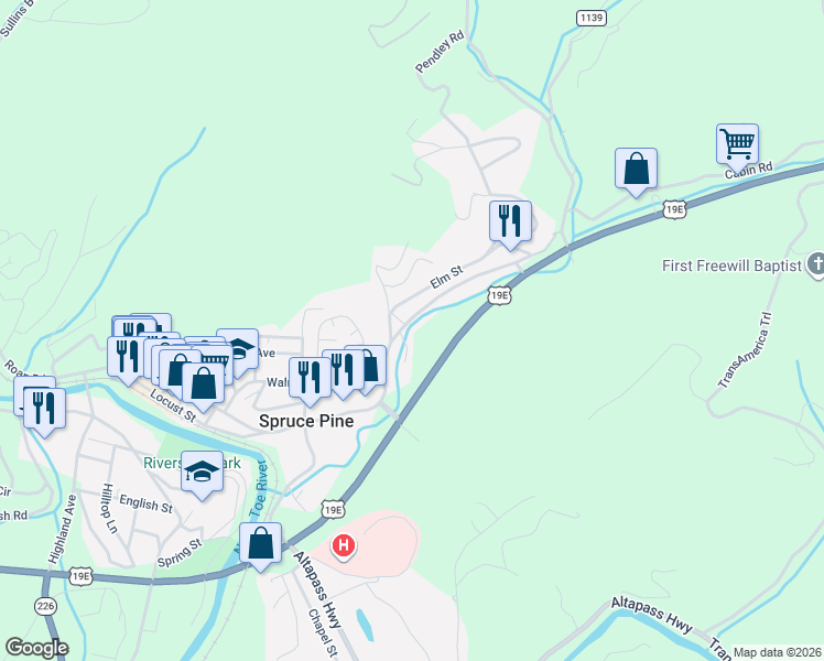 map of restaurants, bars, coffee shops, grocery stores, and more near Oak Avenue in Spruce Pine