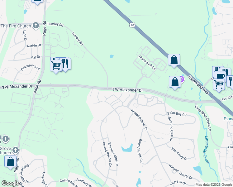 map of restaurants, bars, coffee shops, grocery stores, and more near 9410 Harvest Acres Court in Raleigh