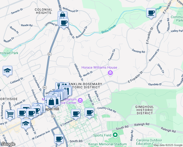 map of restaurants, bars, coffee shops, grocery stores, and more near 508 North Street in Chapel Hill