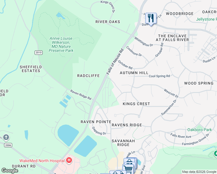 map of restaurants, bars, coffee shops, grocery stores, and more near 10644 Falls of Neuse Road in Raleigh