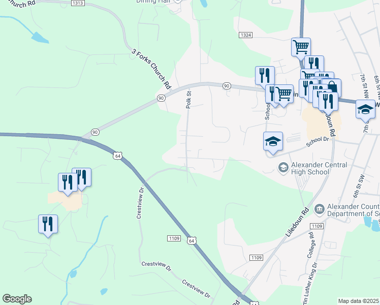 map of restaurants, bars, coffee shops, grocery stores, and more near 305 Polk Street in Township of Taylorsville