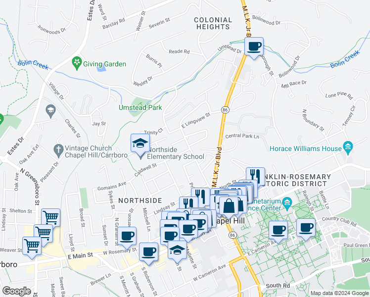 map of restaurants, bars, coffee shops, grocery stores, and more near 102 Caldwell Street in Chapel Hill