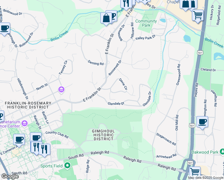 map of restaurants, bars, coffee shops, grocery stores, and more near 9 Davie Circle in Chapel Hill