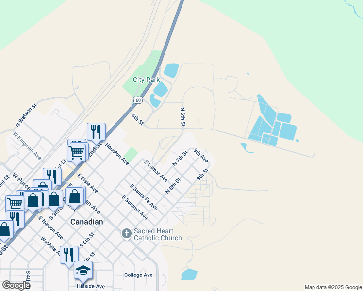 map of restaurants, bars, coffee shops, grocery stores, and more near 3 North 6th Street in Canadian