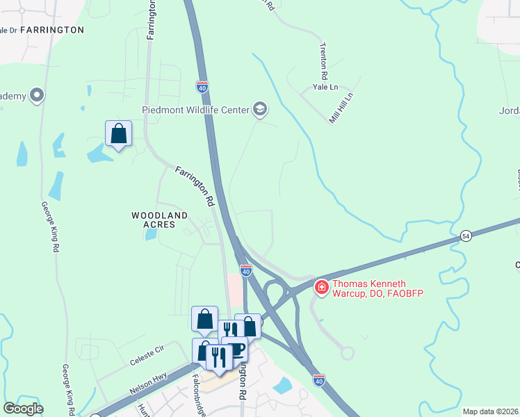 map of restaurants, bars, coffee shops, grocery stores, and more near 1702 Farm Pond Trail Rd in Durham