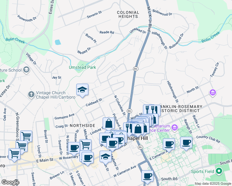 map of restaurants, bars, coffee shops, grocery stores, and more near 102 Stinson Street in Chapel Hill