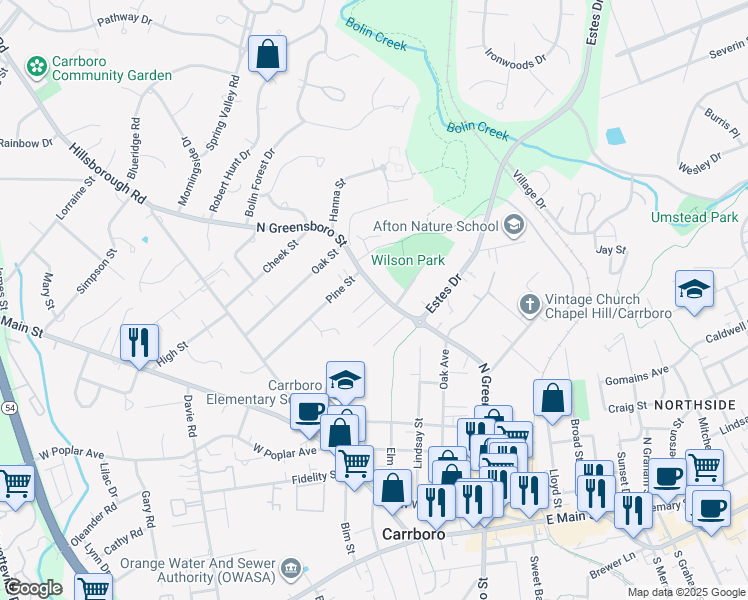 map of restaurants, bars, coffee shops, grocery stores, and more near 1102 North Greensboro Street in Carrboro