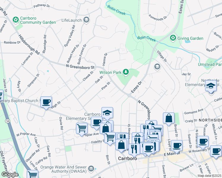 map of restaurants, bars, coffee shops, grocery stores, and more near 1102 North Greensboro Street in Carrboro