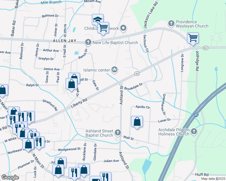 map of restaurants, bars, coffee shops, grocery stores, and more near 626 Liberty Road in High Point