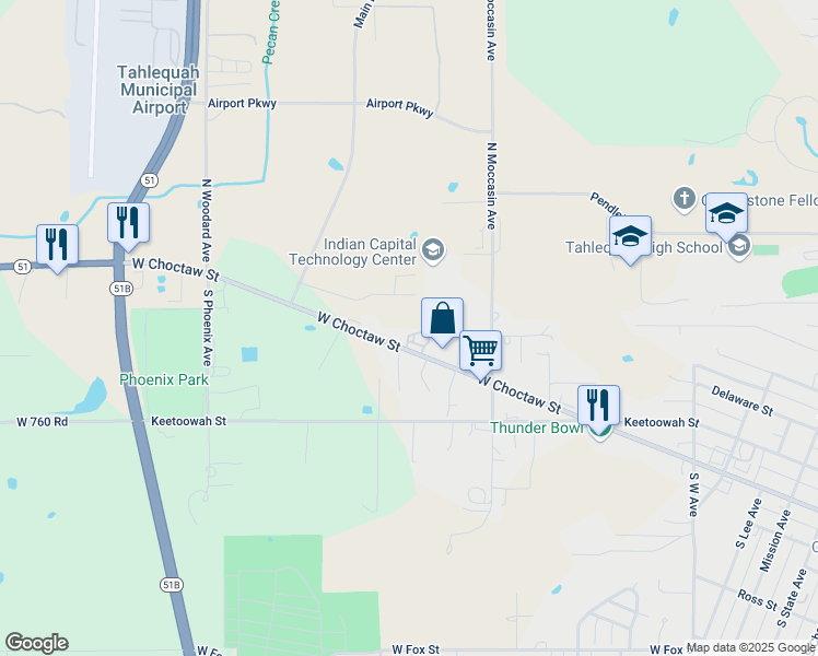 map of restaurants, bars, coffee shops, grocery stores, and more near 1308 West Choctaw Street in Tahlequah