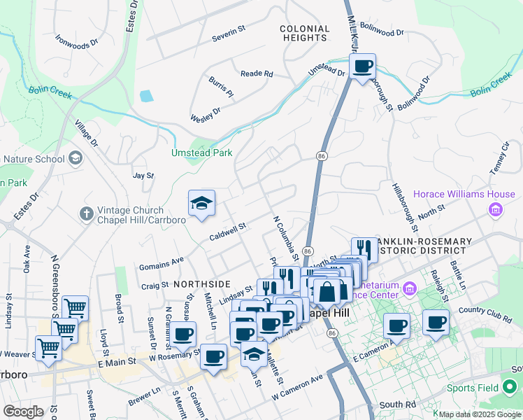 map of restaurants, bars, coffee shops, grocery stores, and more near 104 Caldwell Street in Chapel Hill