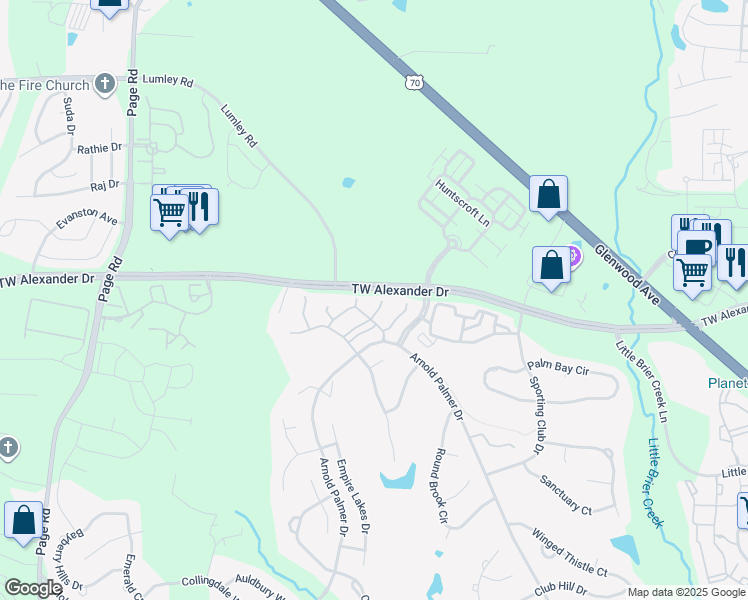 map of restaurants, bars, coffee shops, grocery stores, and more near 9410 Harvest Acres Court in Raleigh
