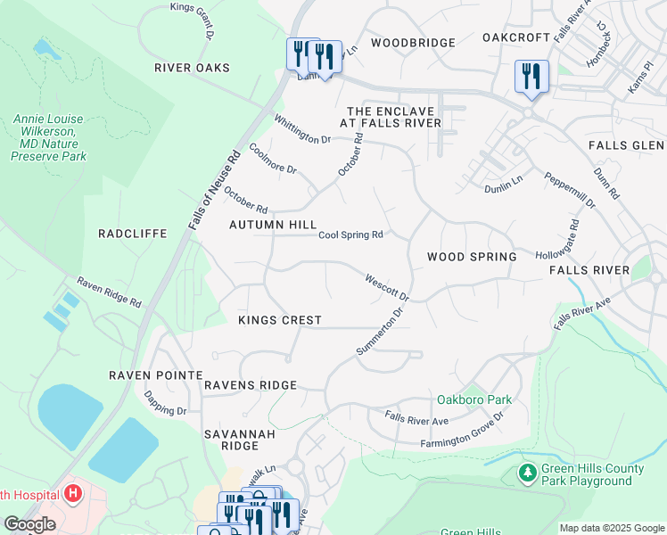 map of restaurants, bars, coffee shops, grocery stores, and more near 1505 Wescott Drive in Raleigh
