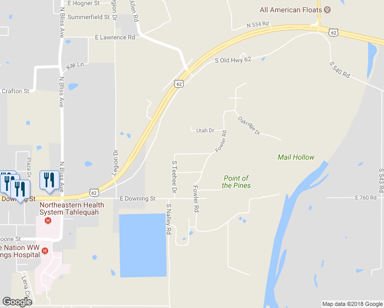 map of restaurants, bars, coffee shops, grocery stores, and more near 2045 Tarkington Street in Tahlequah