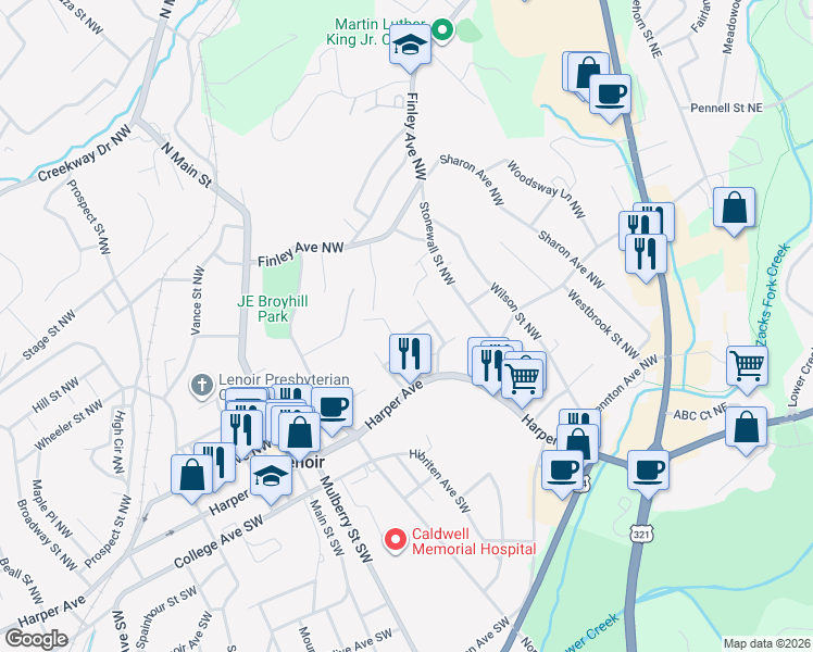 map of restaurants, bars, coffee shops, grocery stores, and more near 502 Healan Place Northwest in Lenoir