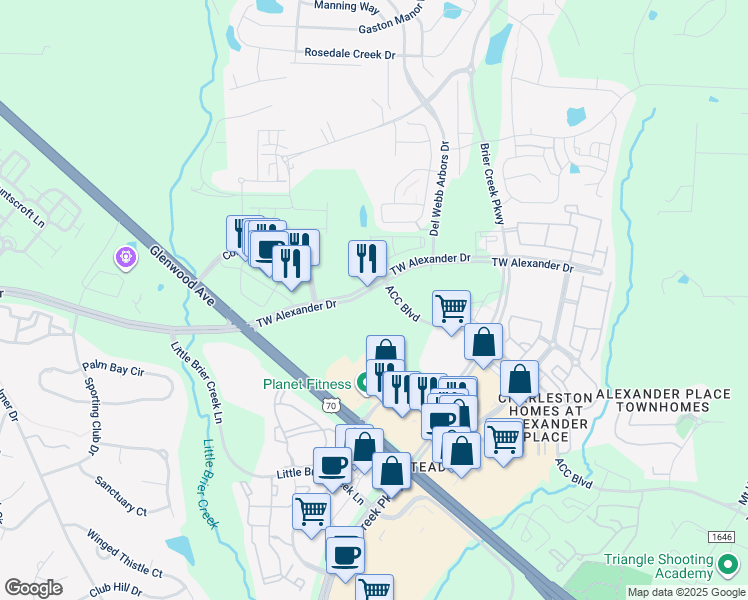 map of restaurants, bars, coffee shops, grocery stores, and more near 8001 T W Alexander Drive in Raleigh