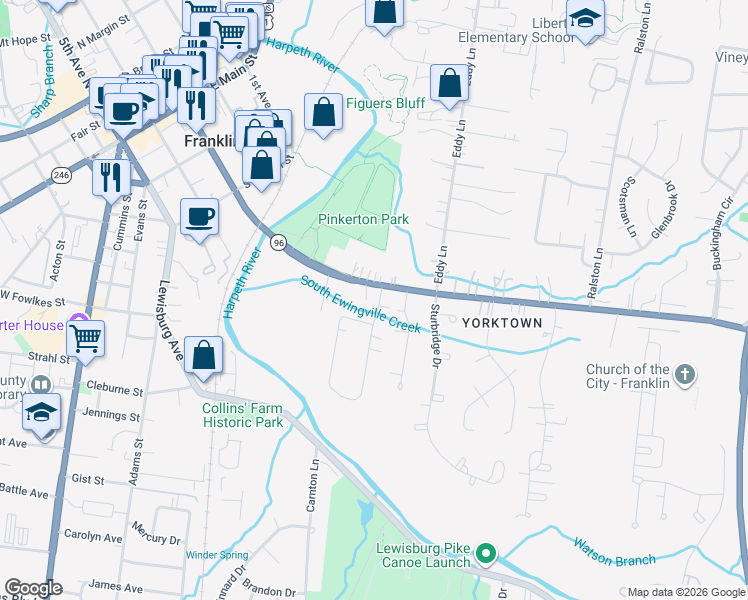 map of restaurants, bars, coffee shops, grocery stores, and more near 426 Tennessee 96 in Franklin