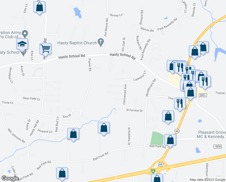 map of restaurants, bars, coffee shops, grocery stores, and more near 12 Birchwood Court in Thomasville