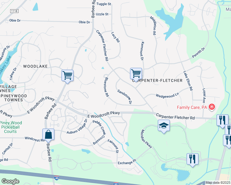 map of restaurants, bars, coffee shops, grocery stores, and more near 5820 Sandstone Drive in Durham