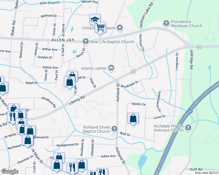 map of restaurants, bars, coffee shops, grocery stores, and more near 626 Liberty Road in High Point