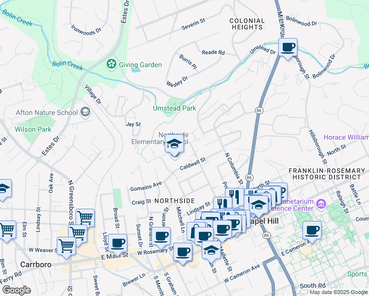 map of restaurants, bars, coffee shops, grocery stores, and more near 301 McMasters Street in Chapel Hill