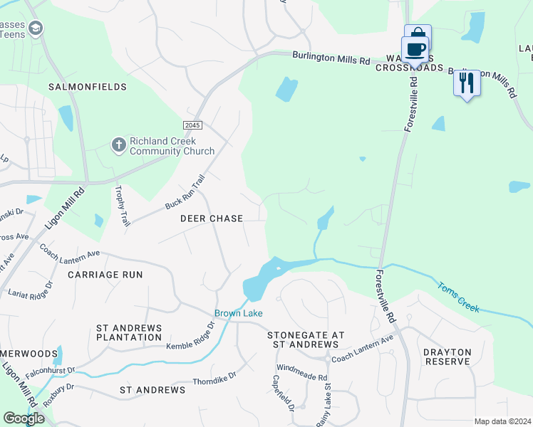 map of restaurants, bars, coffee shops, grocery stores, and more near 3501 Donner Trail in Wake Forest