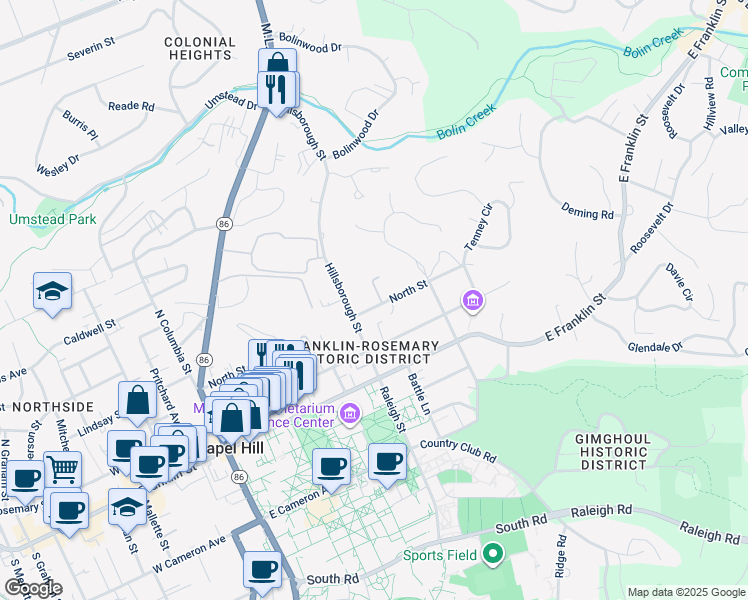 map of restaurants, bars, coffee shops, grocery stores, and more near 501 North Street in Chapel Hill