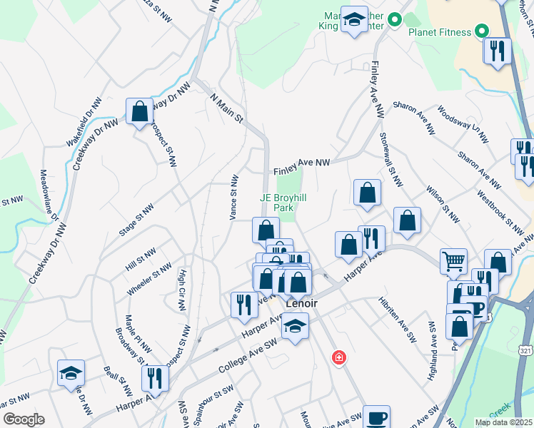 map of restaurants, bars, coffee shops, grocery stores, and more near 506 Main Street Northwest in Lenoir