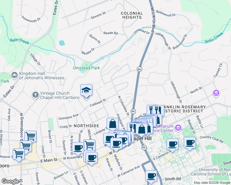 map of restaurants, bars, coffee shops, grocery stores, and more near 102 Stinson Street in Chapel Hill