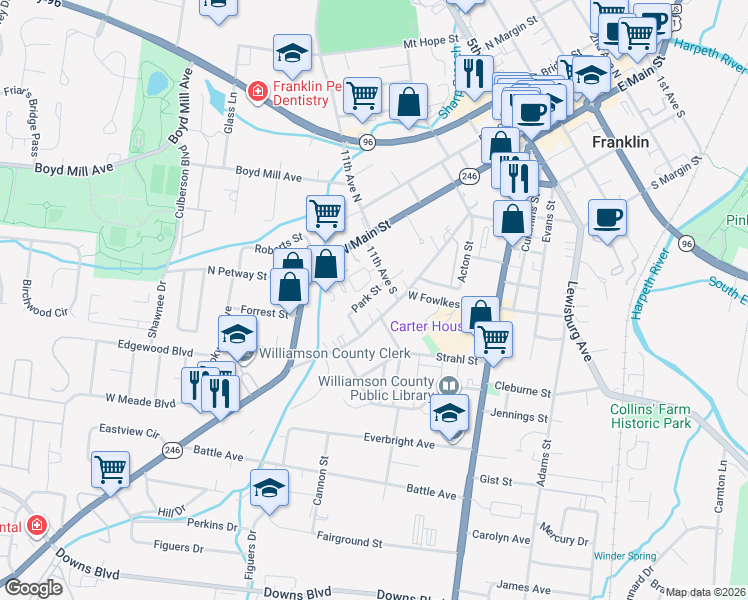 map of restaurants, bars, coffee shops, grocery stores, and more near 123 Brilliantine Circle in Franklin