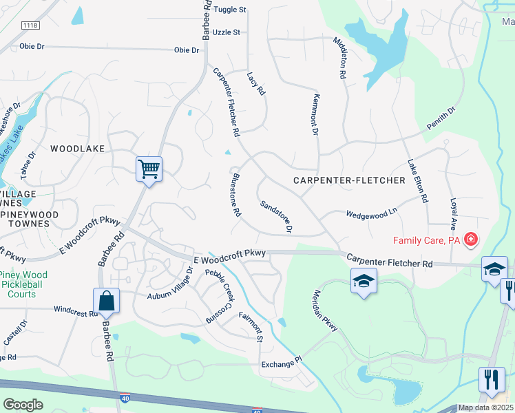map of restaurants, bars, coffee shops, grocery stores, and more near 5820 Sandstone Drive in Durham
