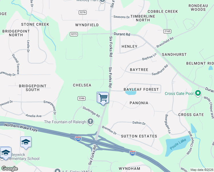 map of restaurants, bars, coffee shops, grocery stores, and more near 10112 Clairbourne Place in Raleigh