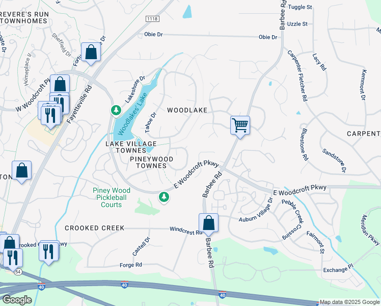 map of restaurants, bars, coffee shops, grocery stores, and more near 9 Pinestraw Way in Durham