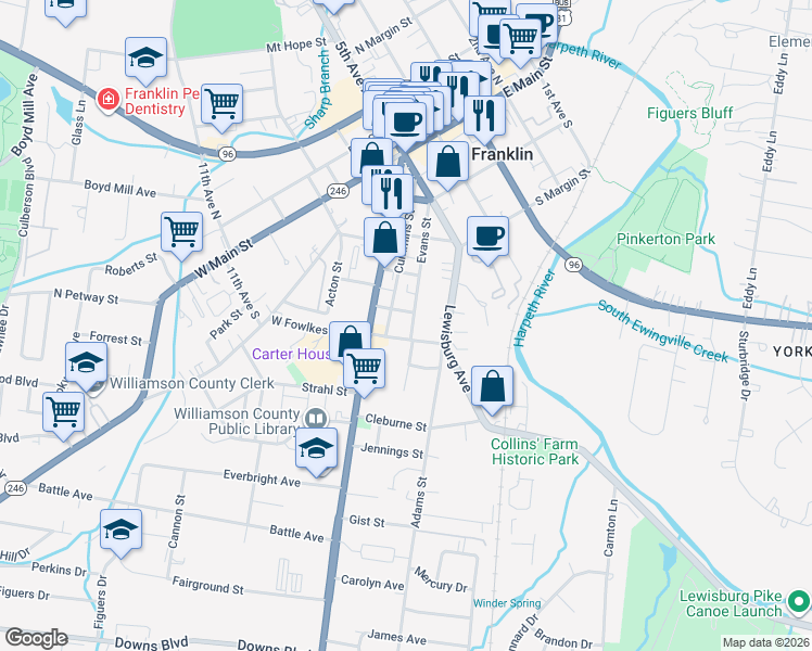 map of restaurants, bars, coffee shops, grocery stores, and more near 913 Evans Street in Franklin
