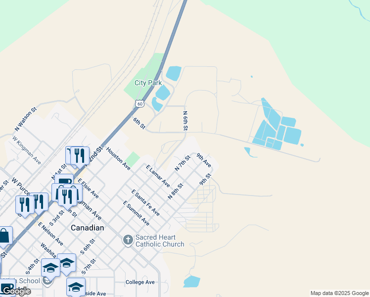 map of restaurants, bars, coffee shops, grocery stores, and more near 3 North 6th Street in Canadian