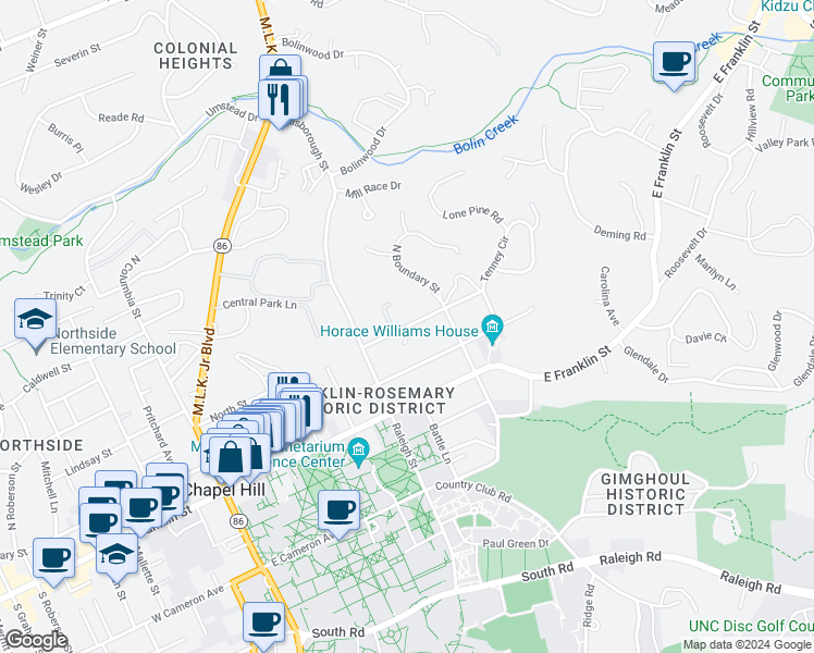 map of restaurants, bars, coffee shops, grocery stores, and more near 460 North Street in Chapel Hill