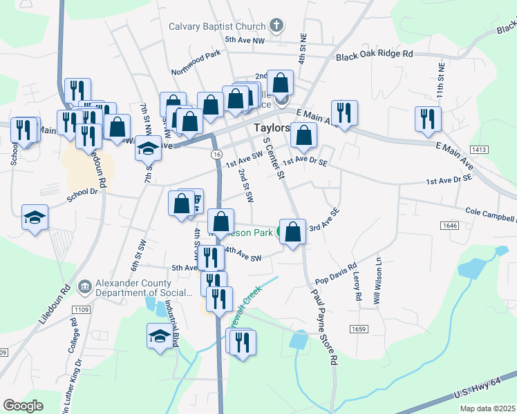 map of restaurants, bars, coffee shops, grocery stores, and more near 267 2nd Street Southwest in Taylorsville
