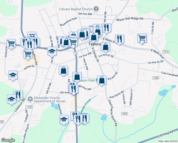 map of restaurants, bars, coffee shops, grocery stores, and more near 267 2nd Street Southwest in Taylorsville