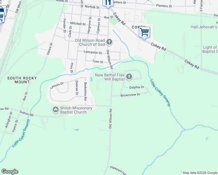 map of restaurants, bars, coffee shops, grocery stores, and more near 1824 Old Wilson Rd in Rocky Mt
