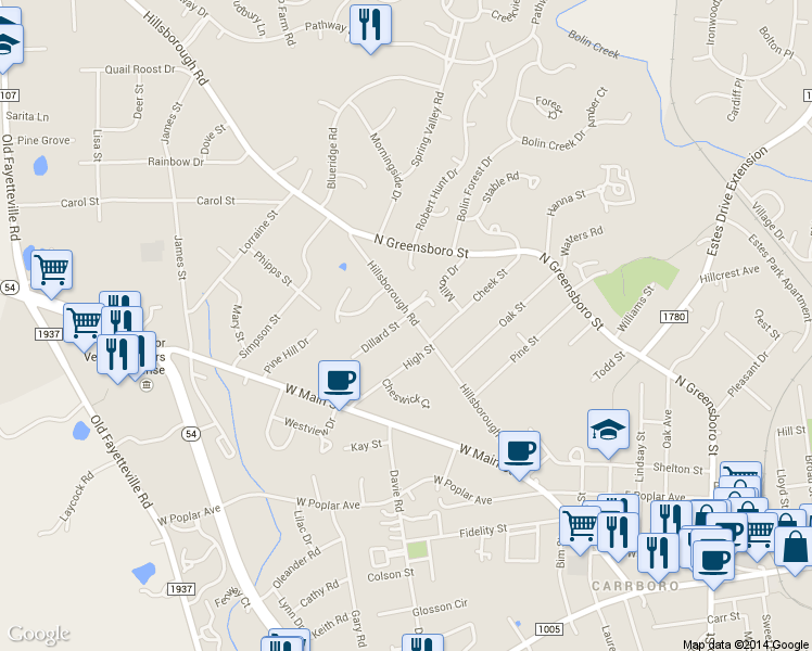 map of restaurants, bars, coffee shops, grocery stores, and more near 509 Hillsborough Road in Carrboro