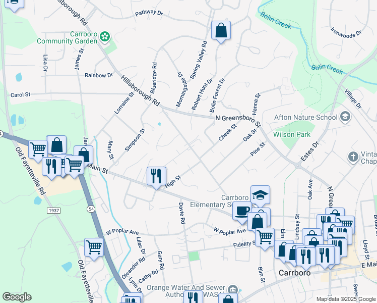 map of restaurants, bars, coffee shops, grocery stores, and more near 509 Hillsborough Road in Carrboro