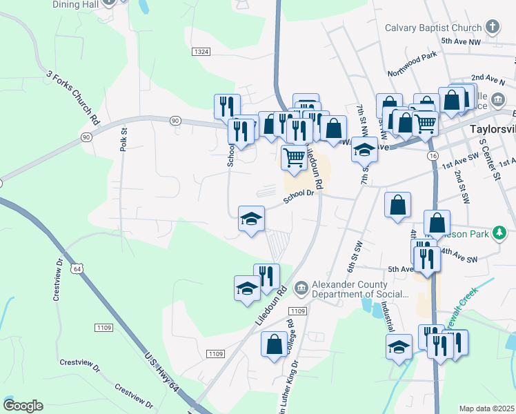 map of restaurants, bars, coffee shops, grocery stores, and more near 224 School Drive in Township of Taylorsville