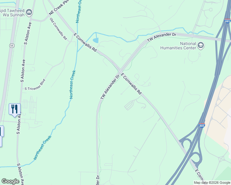 map of restaurants, bars, coffee shops, grocery stores, and more near 49 TW Alexander Drive in Durham