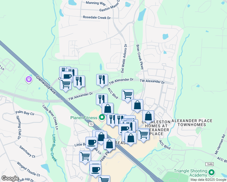 map of restaurants, bars, coffee shops, grocery stores, and more near 7901 TW Alexander Drive in Raleigh