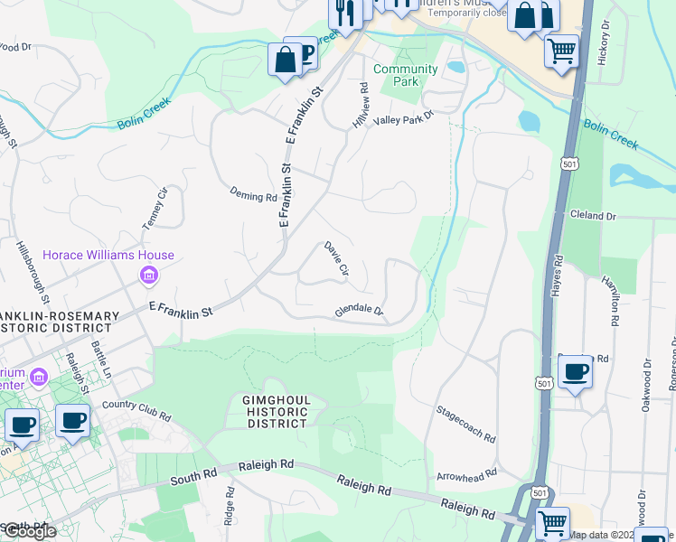 map of restaurants, bars, coffee shops, grocery stores, and more near 29 A Davie Circle in Chapel Hill