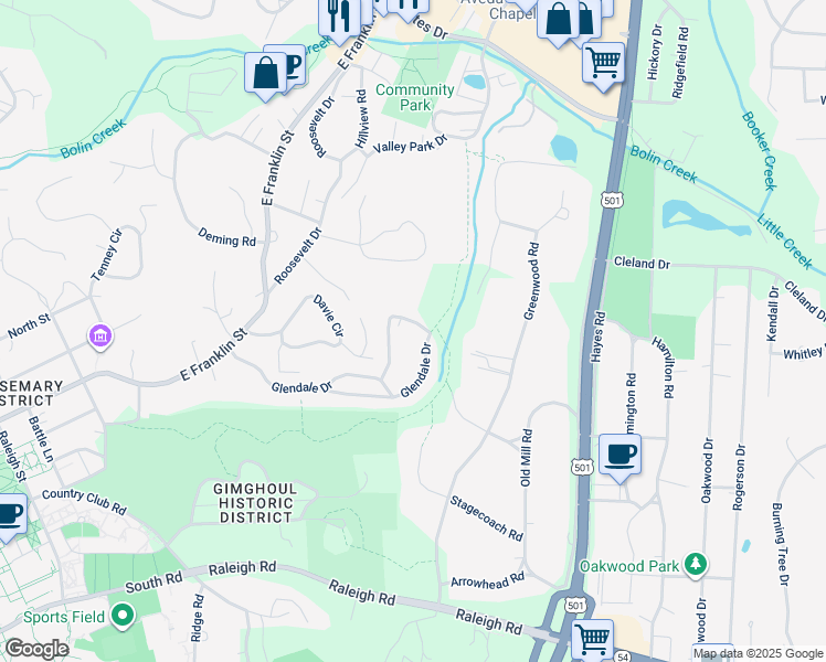 map of restaurants, bars, coffee shops, grocery stores, and more near 327 Glendale Drive in Chapel Hill