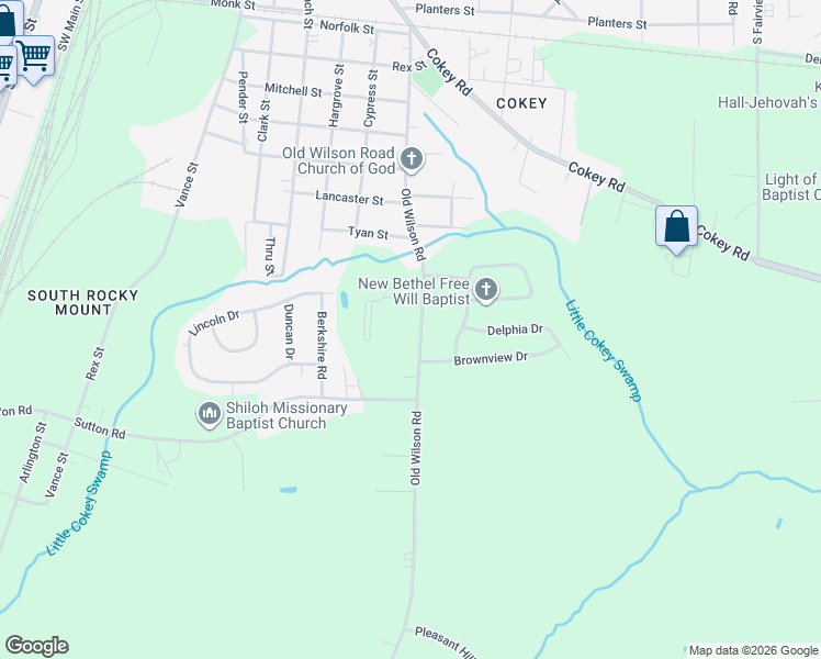 map of restaurants, bars, coffee shops, grocery stores, and more near 1824 Old Wilson Rd in Rocky Mt
